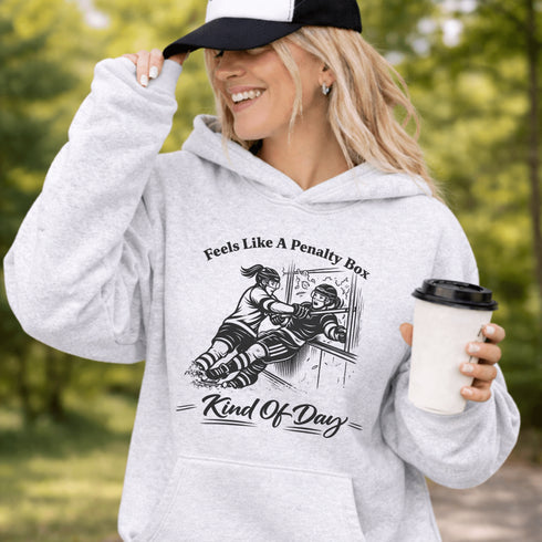 funny hockey hoodie with feels like a penalty box kind of day design featuring players crashing into boards on grey hoodie