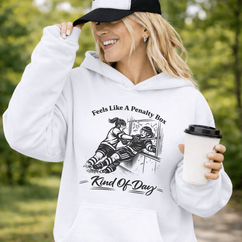 funny hockey hoodie with feels like a penalty box kind of day design featuring players crashing into boards on white hoodie