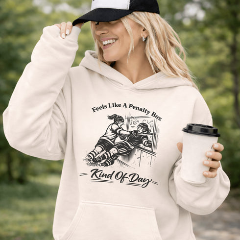funny hockey hoodie with feels like a penalty box kind of day design featuring players crashing into boards on light tan hoodie