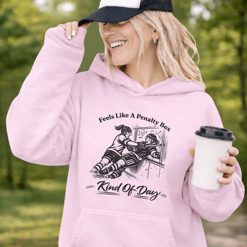 funny hockey hoodie with feels like a penalty box kind of day design featuring players crashing into boards on light pink hoodie