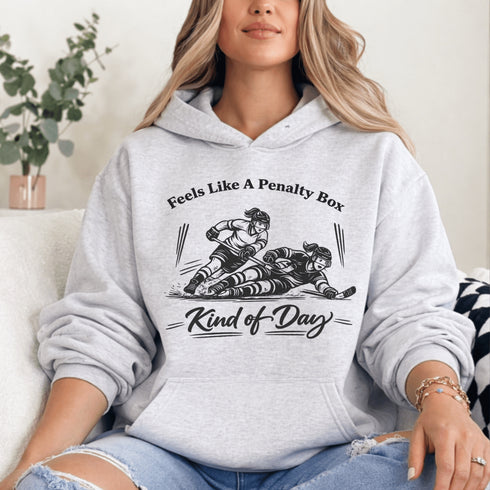 feels like a penalty box kind of day hockey hoodie with players crashing into boards vintage style design