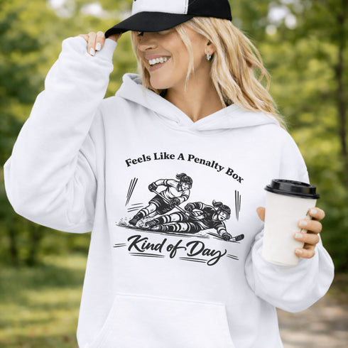feels like a penalty box kind of day hockey hoodie with players crashing into boards vintage style design