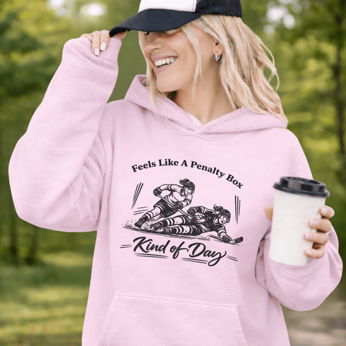 feels like a penalty box kind of day hockey hoodie with players crashing into boards vintage style design