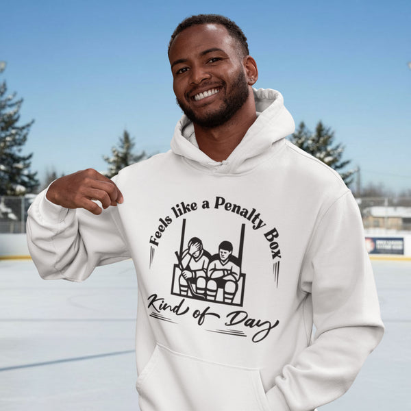 Funny hockey hoodie that says “Feels Like A Penalty Box Kind Of Day” with two hockey players sitting in a penalty box graphic