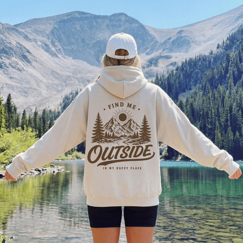 Vintage outdoor graphic hoodie featuring a small left chest design and a large mountain landscape graphic on the back, available in multiple colors and shown in various lifestyle and product mockups.