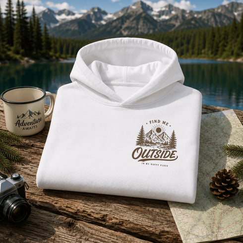 Vintage outdoor graphic hoodie featuring a small left chest design and a large mountain landscape graphic on the back, available in multiple colors and shown in various lifestyle and product mockups.