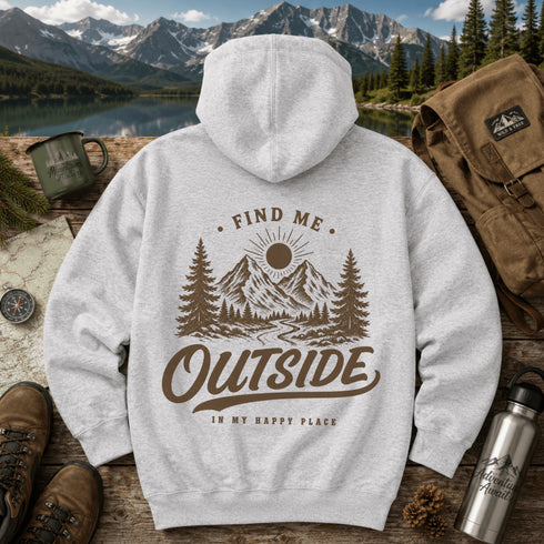 Vintage outdoor graphic hoodie featuring a small left chest design and a large mountain landscape graphic on the back, available in multiple colors and shown in various lifestyle and product mockups.