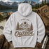 Vintage outdoor graphic hoodie featuring a small left chest design and a large mountain landscape graphic on the back, available in multiple colors and shown in various lifestyle and product mockups.