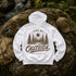 Vintage outdoor-inspired hoodie featuring a small left chest graphic and large nature-themed back design, shown in a lifestyle mockup. Available in multiple colors.