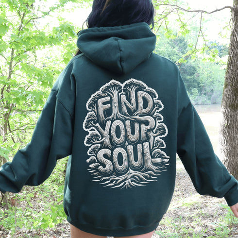 Featuring the inspiring words "Find Your Soul" in a unique tree branch lettering design, this hoodie captures the essence of the forest’s tranquil beauty and its power to ground and inspire.