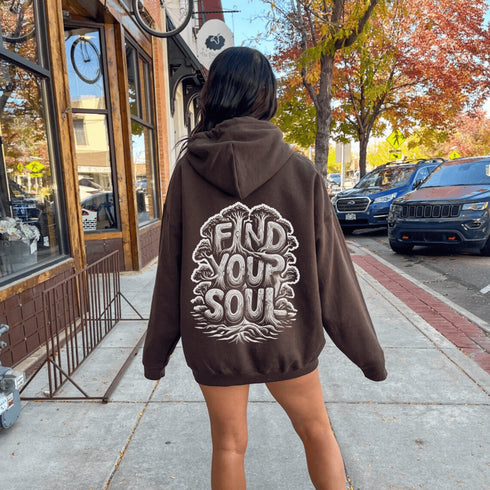 Featuring the inspiring words "Find Your Soul" in a unique tree branch lettering design, this hoodie captures the essence of the forest’s tranquil beauty and its power to ground and inspire.