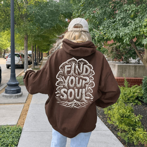 Featuring the inspiring words "Find Your Soul" in a unique tree branch lettering design, this hoodie captures the essence of the forest’s tranquil beauty and its power to ground and inspire.