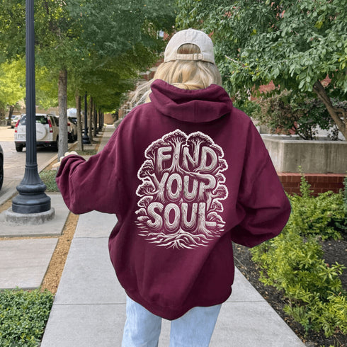 Featuring the inspiring words "Find Your Soul" in a unique tree branch lettering design, this hoodie captures the essence of the forest’s tranquil beauty and its power to ground and inspire.