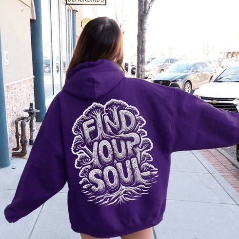 Featuring the inspiring words "Find Your Soul" in a unique tree branch lettering design, this hoodie captures the essence of the forest’s tranquil beauty and its power to ground and inspire.