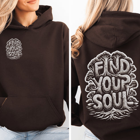 Featuring the inspiring words "Find Your Soul" in a unique tree branch lettering design, this hoodie captures the essence of the forest’s tranquil beauty and its power to ground and inspire.