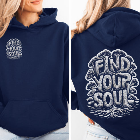 Featuring the inspiring words "Find Your Soul" in a unique tree branch lettering design, this hoodie captures the essence of the forest’s tranquil beauty and its power to ground and inspire.
