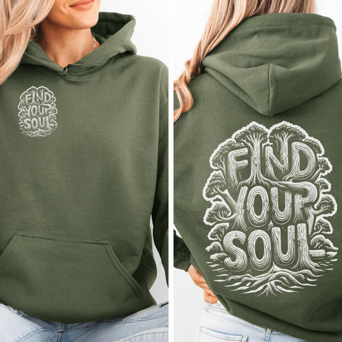 Featuring the inspiring words "Find Your Soul" in a unique tree branch lettering design, this hoodie captures the essence of the forest’s tranquil beauty and its power to ground and inspire.
