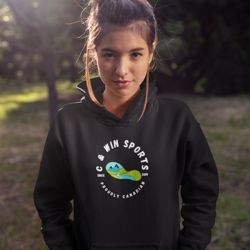 Introducing the C & Win Sports Mountain Footprint Logo hoodie, a stylish and comfortable addition to your wardrobe that proudly showcases your Canadian pride