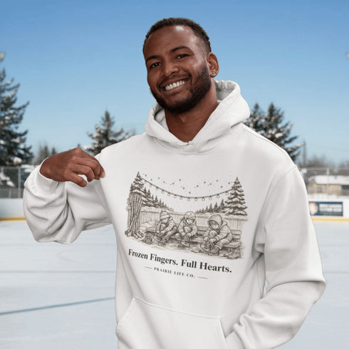 Celebrate outdoor rink memories with our Frozen Fingers Full Hearts Hoodie. Cozy hockey sweatshirt for rink moms, dads & players.