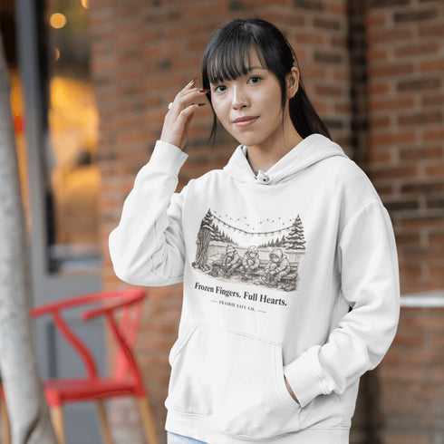 Celebrate outdoor rink memories with our Frozen Fingers Full Hearts Hoodie. Cozy hockey sweatshirt for rink moms, dads & players.