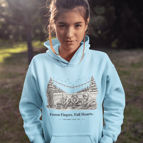 Celebrate outdoor rink memories with our Frozen Fingers Full Hearts Hoodie. Cozy hockey sweatshirt for rink moms, dads & players.