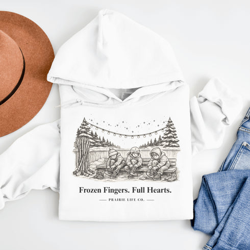 Celebrate outdoor rink memories with our Frozen Fingers Full Hearts Hoodie. Cozy hockey sweatshirt for rink moms, dads & players.