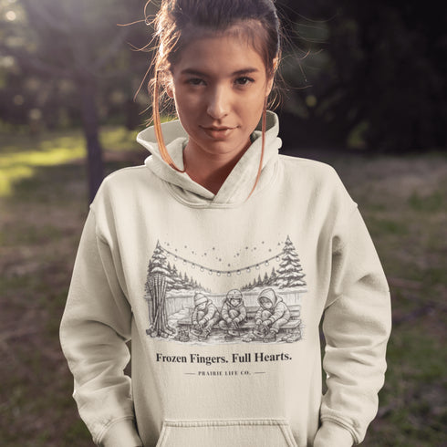 Celebrate outdoor rink memories with our Frozen Fingers Full Hearts Hoodie. Cozy hockey sweatshirt for rink moms, dads & players.