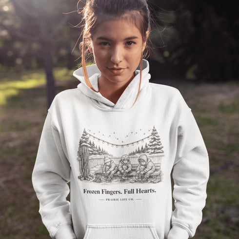 Celebrate outdoor rink memories with our Frozen Fingers Full Hearts Hoodie. Cozy hockey sweatshirt for rink moms, dads & players.