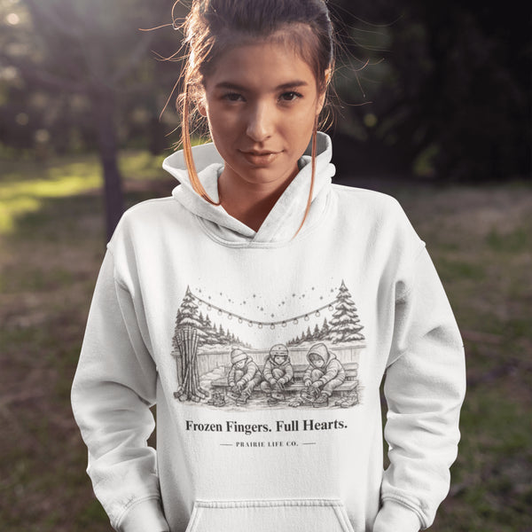 Celebrate outdoor rink memories with our Frozen Fingers Full Hearts Hoodie. Cozy hockey sweatshirt for rink moms, dads & players.