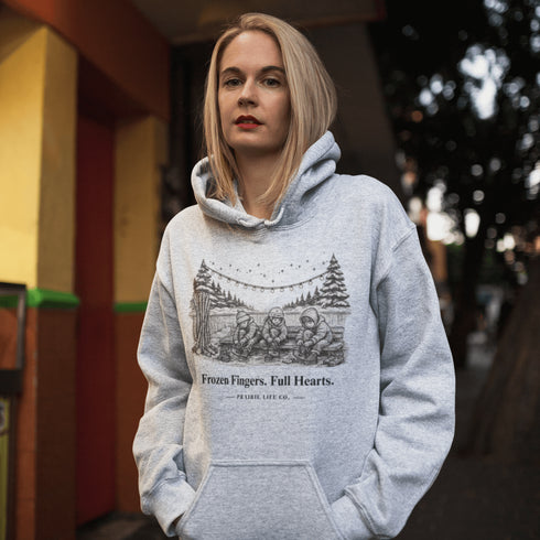 Celebrate outdoor rink memories with our Frozen Fingers Full Hearts Hoodie. Cozy hockey sweatshirt for rink moms, dads & players.