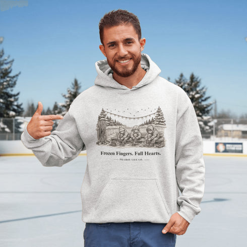 Celebrate outdoor rink memories with our Frozen Fingers Full Hearts Hoodie. Cozy hockey sweatshirt for rink moms, dads & players.