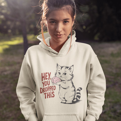 This hoodie is for the sharp-witted and sarcastically inclined. Featuring a cat that’s equal parts adorable and unsettling, it’s holding a brain in its paws.