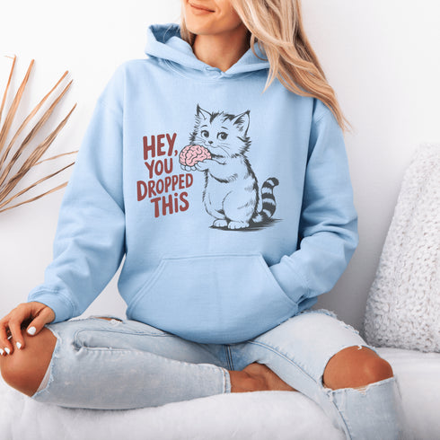 This hoodie is for the sharp-witted and sarcastically inclined. Featuring a cat that’s equal parts adorable and unsettling, it’s holding a brain in its paws.
