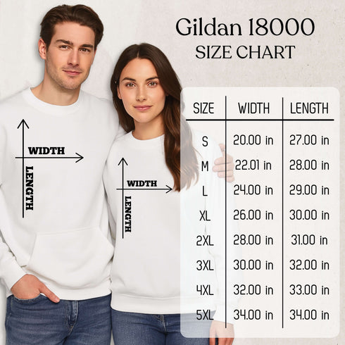 Two people wearing white shirts with a Gildan 18000 size chart overlay.