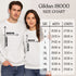 Two people wearing white shirts with a Gildan 18000 size chart overlay.