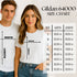 Two people wearing white t-shirts with a Gildan 64000 size chart overlayed on the image.