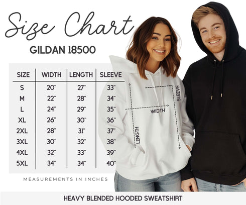 Two people wearing hoodies with a size chart for Gildan 18500 hoodies on the left.