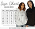 Two people wearing hoodies with a size chart for Gildan 18500 hoodies on the left.