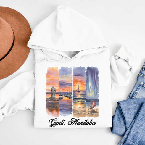 Wrap yourself in lakeside charm with our Gimli, Manitoba hoodie — a cozy tribute to one of Manitoba’s most beloved beach towns.