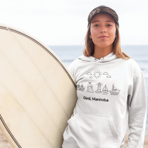 Celebrate the charm of lake life with our Gimli Doodle hoodie — a cozy tribute to Manitoba’s iconic lakeside town.