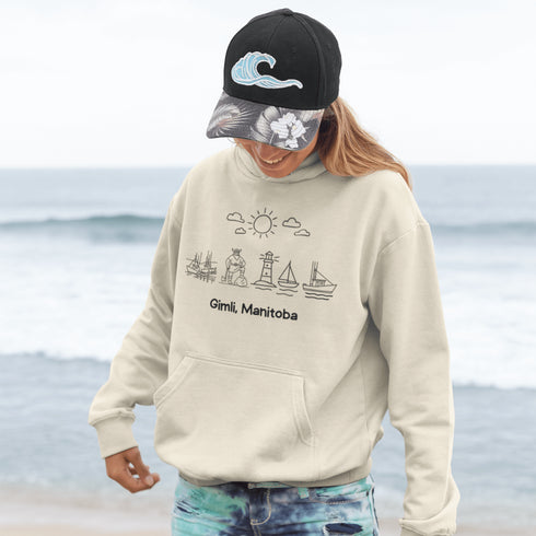 Celebrate the charm of lake life with our Gimli Doodle hoodie — a cozy tribute to Manitoba’s iconic lakeside town.