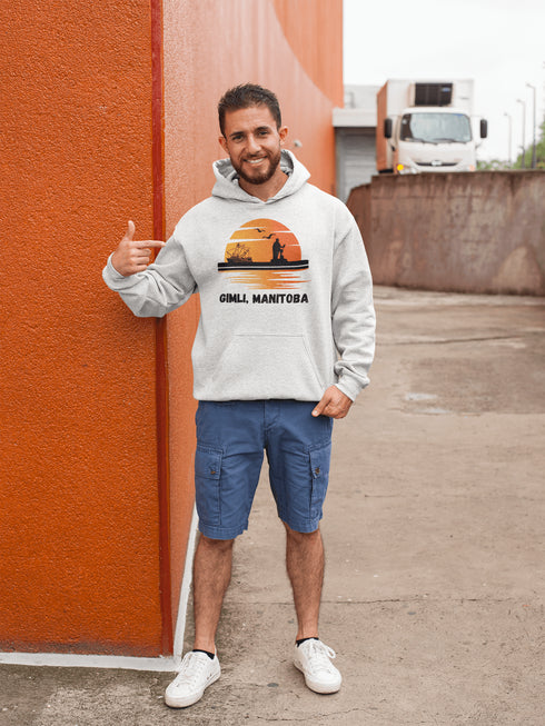 Featuring a sunset backdrop over the charming town of Gimli, Manitoba, with the iconic Viking statue front and center, this hoodie is your stylish ticket to Viking vibes without having to set sail.