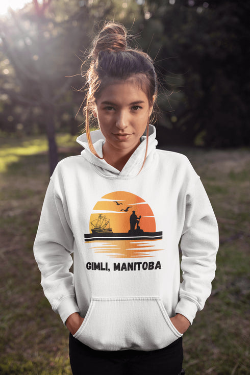 Featuring a sunset backdrop over the charming town of Gimli, Manitoba, with the iconic Viking statue front and center, this hoodie is your stylish ticket to Viking vibes without having to set sail.