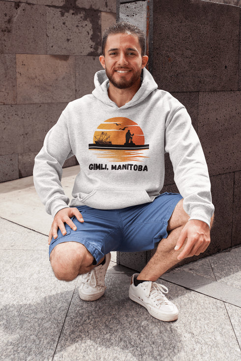Featuring a sunset backdrop over the charming town of Gimli, Manitoba, with the iconic Viking statue front and center, this hoodie is your stylish ticket to Viking vibes without having to set sail.