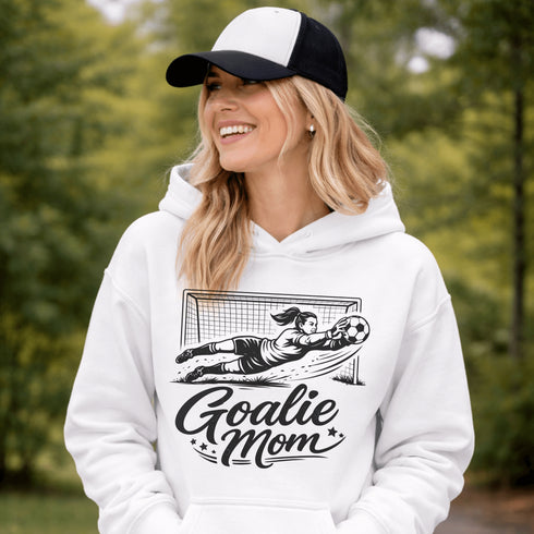 Woman wearing hoodie with goalie mom text and diving goalkeeper graphic
