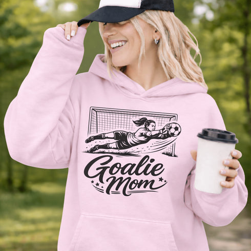 Woman wearing hoodie with goalie mom text and diving goalkeeper graphic