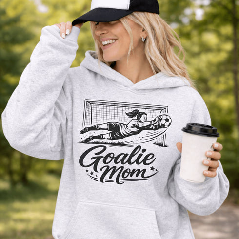 Woman wearing hoodie with goalie mom text and diving goalkeeper graphic