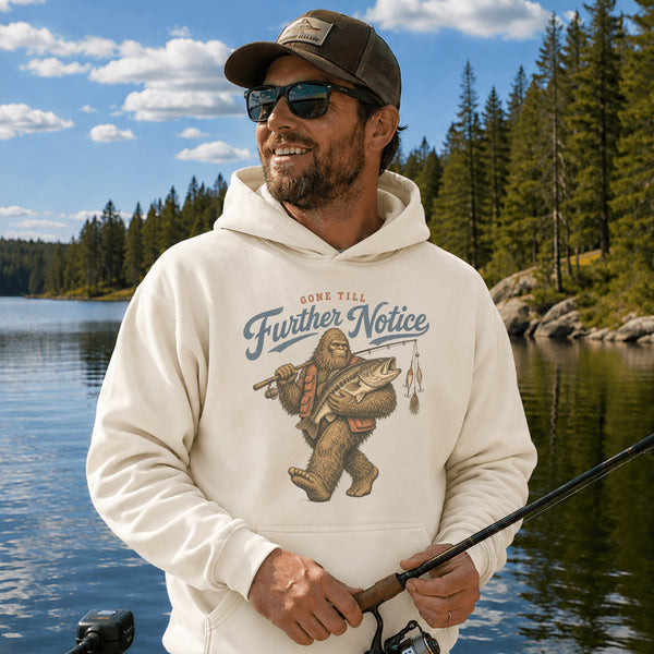 Unisex hoodie featuring a vintage-inspired fishing graphic. Suitable for lifestyle, outdoor, fishing, camping, cabin, lake, studio, flat lay, folded, hanging, and model mockups in multiple colors and settings.