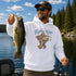 Unisex hoodie featuring a vintage-inspired fishing graphic. Suitable for lifestyle, outdoor, fishing, camping, cabin, lake, studio, flat lay, folded, hanging, and model mockups in multiple colors and settings.