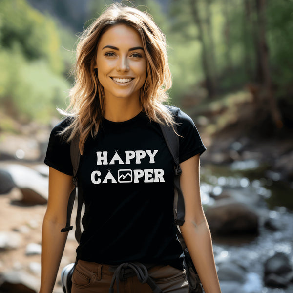 Introducing our "Happy Camper" t-shirt, the perfect addition to your outdoor adventures!